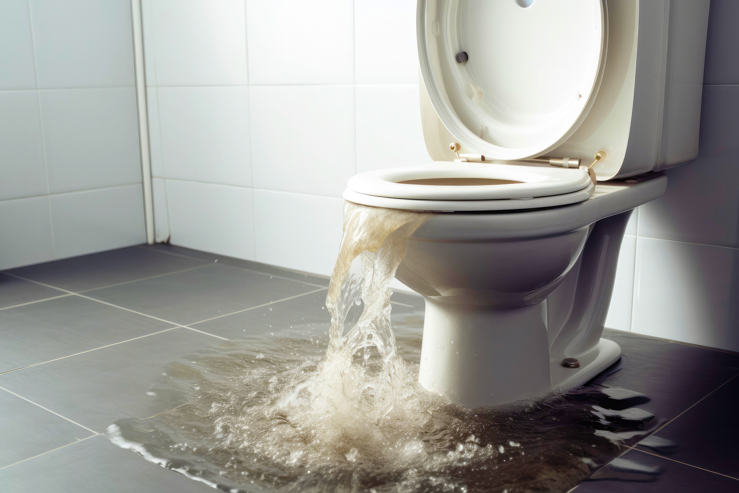 Clogged sewer system. Water rises from the toilet bowl. Created with Generative AI technology.
